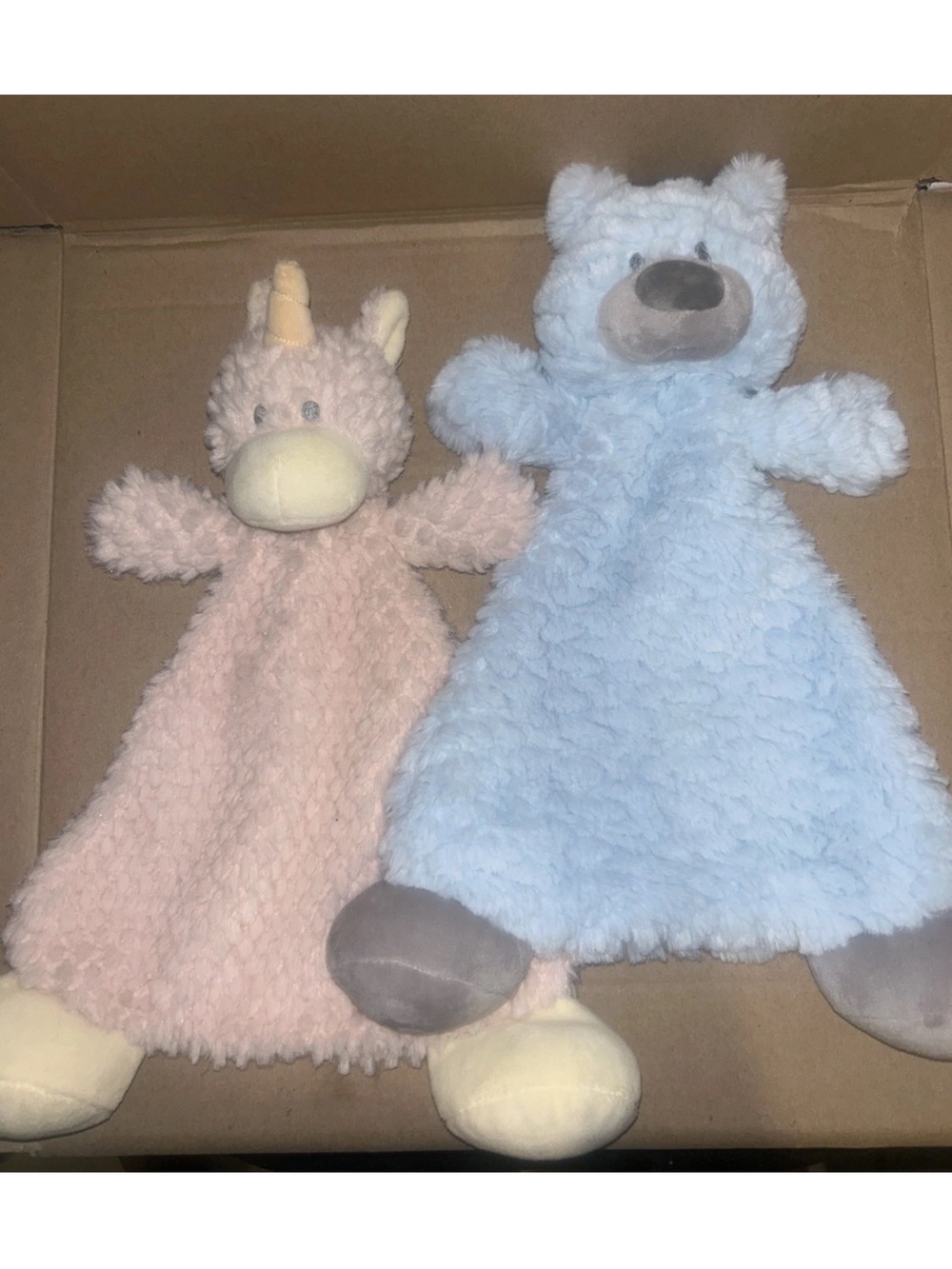 2 Demdaco Flat Baby Security Blankets Lovey Rattle Pink Unicorn & Blue Bear
